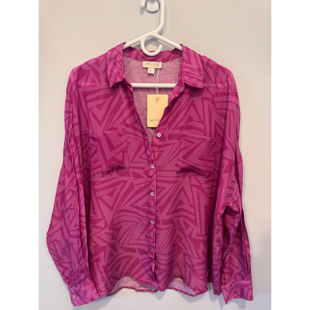 See U Soon Pink Geometric Print Button Down Blouse NWT Small